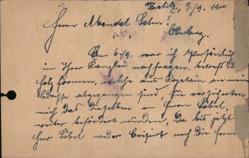 Handwritten Correspondence, Bielitz to Colmberg Postal Cards & Correspondence