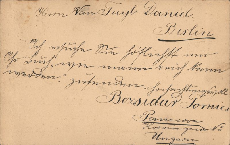 Postal Card to Van Tuyl Daniels Verlag, Berlin from Pancsova