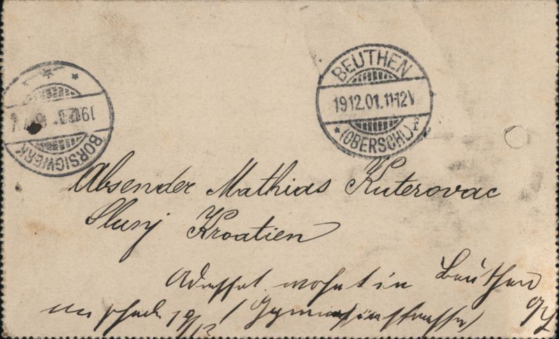 Magyar Királyi Posta Postal Card Slunj to Beuthen 1908