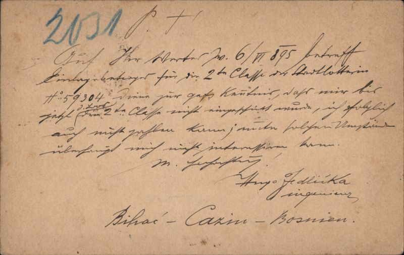 Correspondenz-Karte Cazin, Bosnia to Hamburg, Germany 1895 Bosnia and Herzegovina