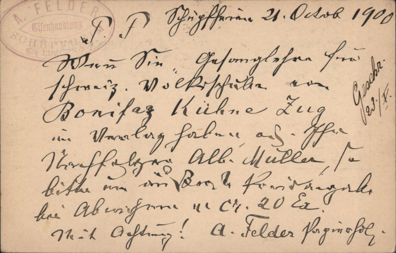 Handwritten Message, A. Felder Hardware, Schüpfheim 1900 Switzerland