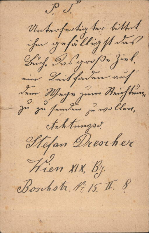 Handwritten Note, Stefan Drescher, Vienna 1905 Wien Austria