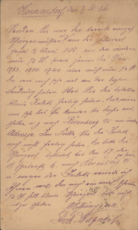 Handwritten Correspondence Card, Hennersdorf 1884 Postal Cards & Correspondence