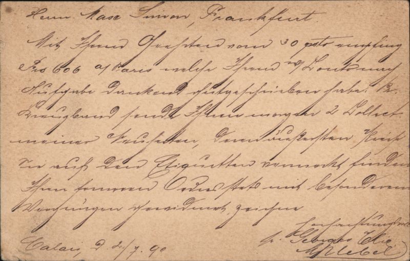 Handwritten Correspondence to Max Simon, Frankfurt 1890