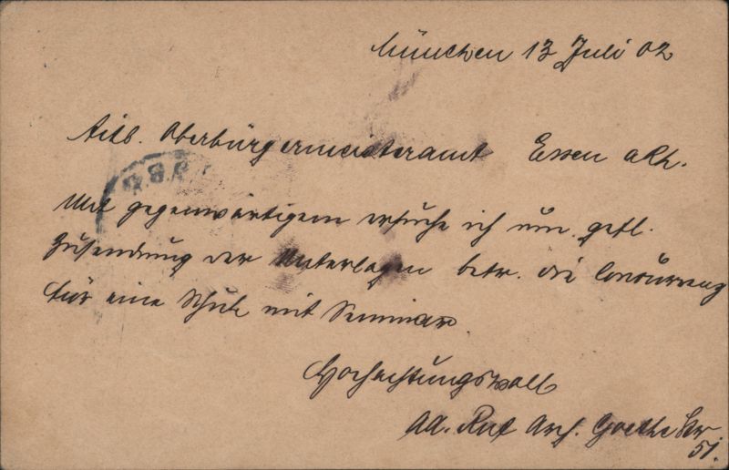 1902 Munich to Essen Mayor's Office Postal Card Postal Cards