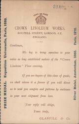 Crown Linoleum Works Advertisement, London, England Postcard