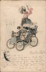 New Year's Greeting - Woman & Cherub Driving Car with Money Postcard