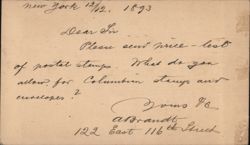 1893 Postal Card Inquiry re: Columbian Stamps Postcard