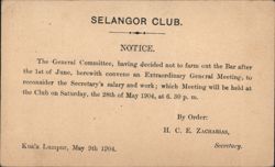 Selangor Club Notice, Extraordinary General Meeting 1904 Postcard
