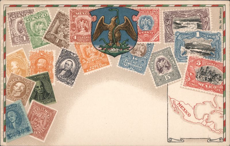 Mexican Stamps and Coat of Arms Collage Stamp Postcards