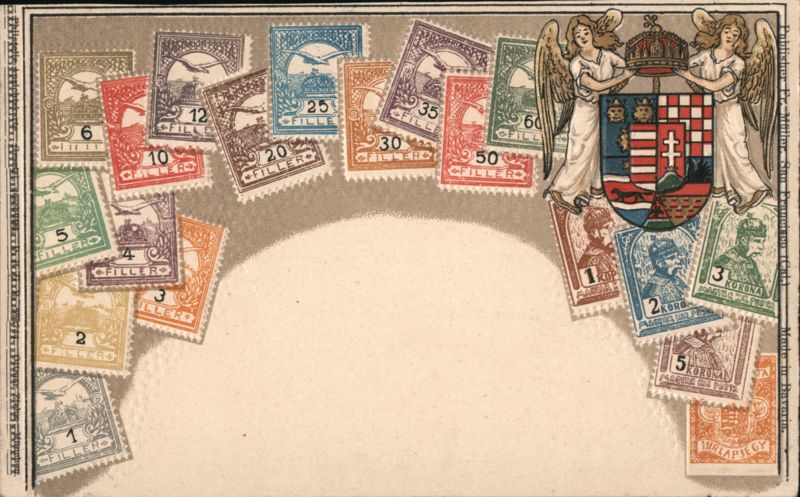 Hungarian Stamps and Coat of Arms Montage Stamp Postcards