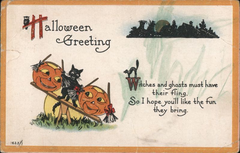 Halloween Greeting, Black Cat on Jack-o'-Lantern Seesaw