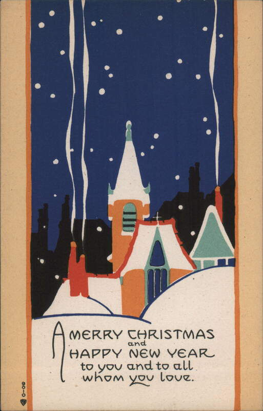 Merry Christmas Happy New Year Snowy Village Scene