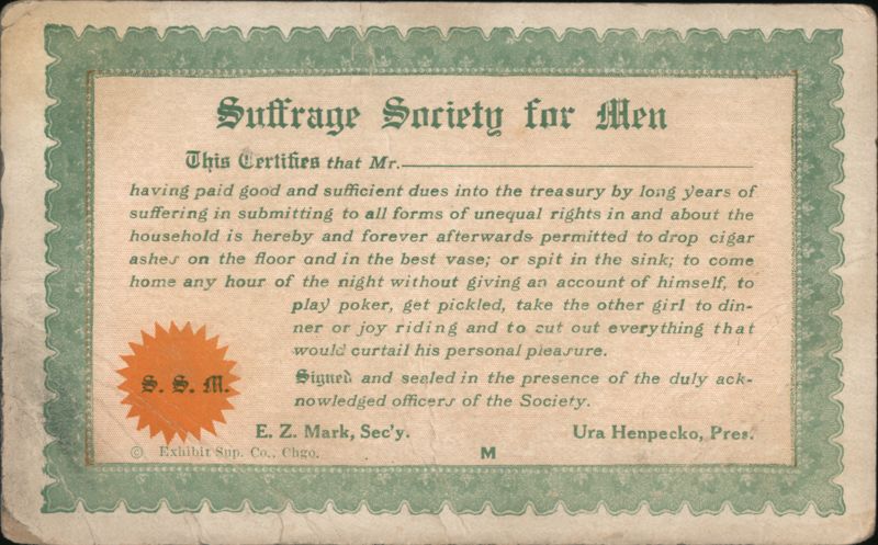 Humorous Suffrage Society for Men Certificate Comic, Funny