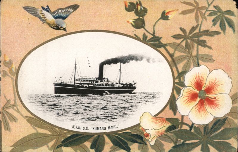 N.Y.K. S.S. Kumano Maru Steamship with Floral Border