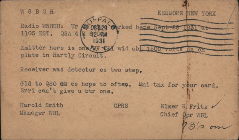 QSL Card W8BGH to W5BUH, Kenmore NY 1931 QSL & Ham Radio
