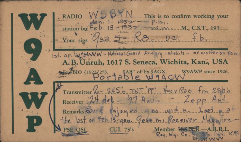 QSL Card W9AWP Wichita KS to W5BYN Ft Worth TX 1932