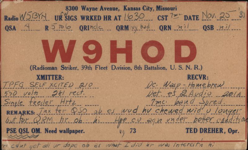 W9HOD QSL Card, Kansas City, MO to W5BYN Fort Worth, TX (1931)