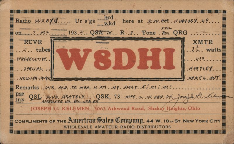 W8DHI QSL Card, Joseph G. Kelemen, Shaker Heights, OH