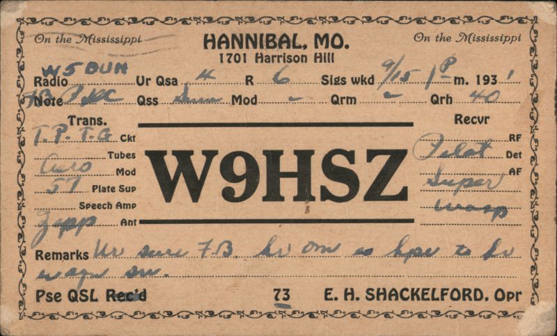 W9HSZ Amateur Radio QSL Card, Hannibal, MO (1931) QSL & Ham Radio
