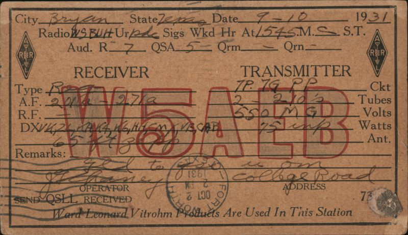 W5ALD QSL Card, Bryan, TX to W5BUH Fort Worth, TX 1931