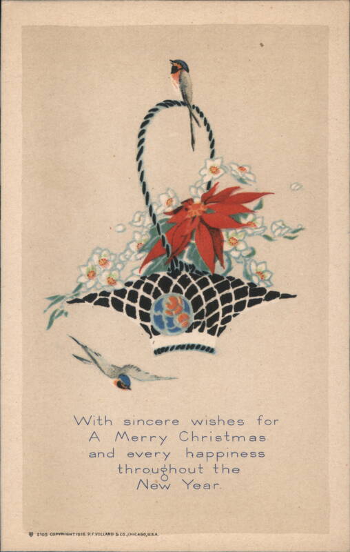 Christmas Greetings, Basket of Flowers and Birds