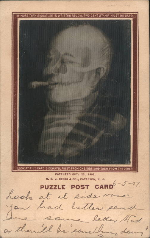 Puzzle Post Card - Man Smoking Cigar / Skull Illusion