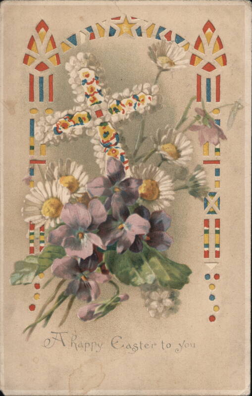 Happy Easter Floral Cross with Violets and Daisies