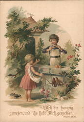 Children at Well, 'I was hungry, and you gave me food' Matthew 25:36 Trade Card