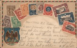 Mexican Postage Stamp Collage & Coat of Arms, Ciudad Juarez, Mexico Postcard