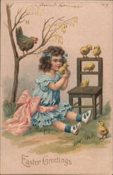 Easter Greetings, Girl with Hen and Chicks Postcard