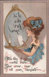 Woman Reading Letter in Mirror, 'I did not go away' - Art Nouveau Postcard