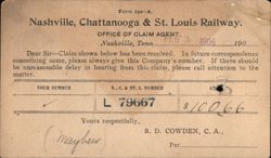 Nashville, Chattanooga & St. Louis Railway Claim Notice 1906 Postcard