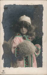 Girl in Winter Coat and Hat During Snowfall Postcard