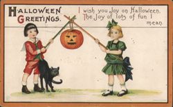 Halloween Greetings, Children with Pumpkin and Black Cat Postcard