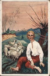 Shepherd with Flock of Sheep by Vladislav Sychra Postcard