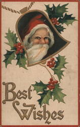Santa Claus in Bell with Holly, Best Wishes Postcard