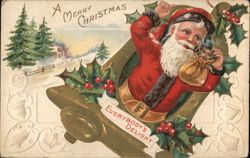 Santa Claus Smoking Pipe Emerging from Bell, A Merry Christmas Postcard