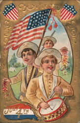 Boys Celebrating July 4th with Flag, Drum, and Firecrackers Postcard