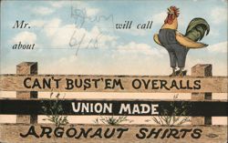 Rooster in Can't Bust 'Em Overalls Advertising Postcard