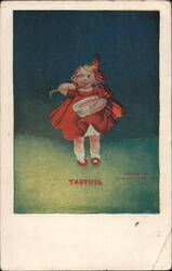 "Tasting" - Girl in Red Dress Eating from Bowl Postcard