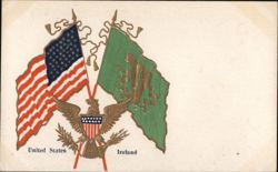 United States and Ireland Flags with Eagle Emblem Postcard