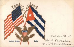 United States and Cuba Flags Crossed with Eagle Seal Postcard