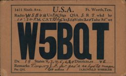W5BQT QSL Card, Ronald Wheeler, Ft. Worth, TX Postcard