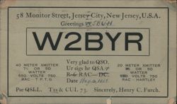 W2BYR Amateur Radio QSL Card, Jersey City, NJ Postcard