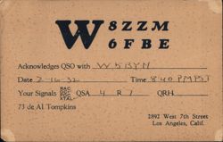 QSL Card W8ZZM/W6FBE to W5BYN, Los Angeles CA 1932 Postcard