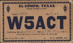 W5ACT Ham Radio QSL Card, El Campo, TX Postcard