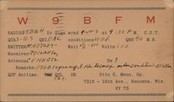 W9BFM Ham Radio QSL Card, Kenosha, WI Postcard