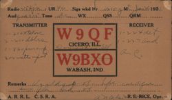 QSL Card W9QF Cicero IL & W9BXO Wabash IN to W5BJN Texas 1931 Postcard