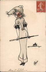 Woman with Mouse Head, Cat in Top Hat Cartoon by Guy Postcard